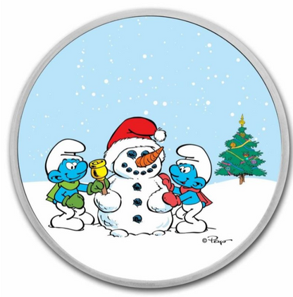 Niue 2 Dollars Silbermünze Schlümpfe Schneemann 2023 coloriert