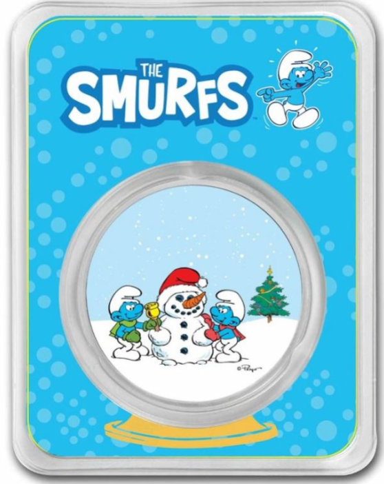 Niue 2 Dollars Silbermünze Schlümpfe Schneemann 2023 coloriert