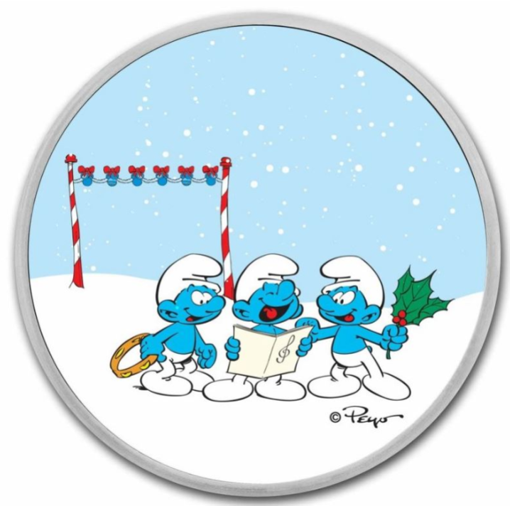 Niue 2 Dollars Silbermünze Schlümpfe Weihnachtslied 2023 coloriert