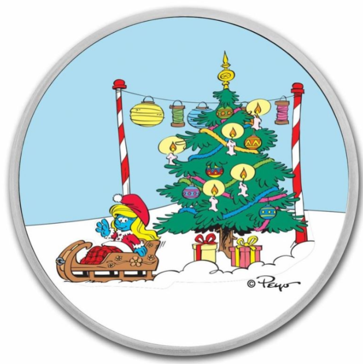 Niue 2 Dollars Silbermünze Schlumpfine Weihnachtsbaum 2023 coloriert