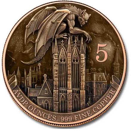 5 oz .999 Kupfer Round Gargoyle Antiqued