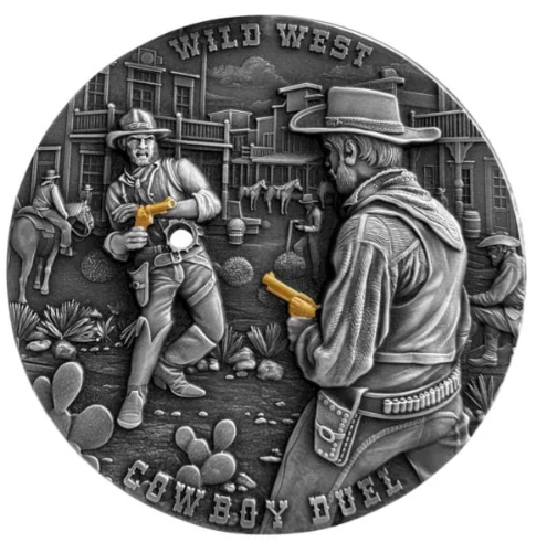 Cameroon 2024 Wild West Cowboy Duel 2 oz Silbermünze mit Vergoldung