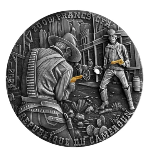 Cameroon 2024 Wild West Cowboy Duel 2 oz Silbermünze mit Vergoldung
