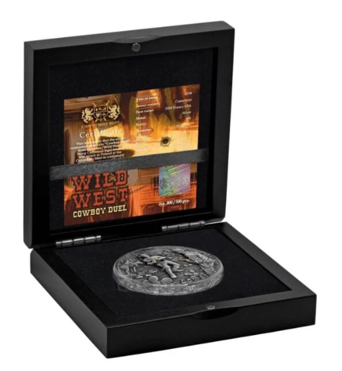 Cameroon 2024 Wild West Cowboy Duel 2 oz Silbermünze mit Vergoldung