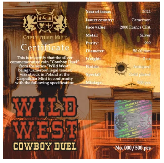 Cameroon 2024 Wild West Cowboy Duel 2 oz Silbermünze mit Vergoldung