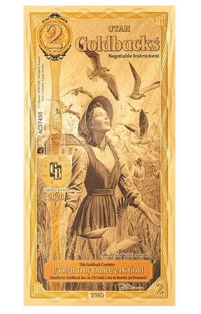 2 Utah Goldback ALPHA Gold Note 1/500 oz Gold
