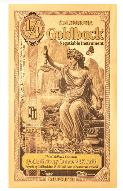 1/4 California Goldback ALPHA Gold Note 1/4000 oz Gold