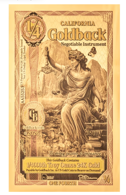 1/4 California Goldback ALPHA Gold Note 1/4000 oz Gold