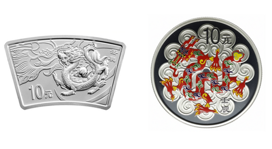 China 2012 Drachen Silbermünzen Set Fan Shaped und koloriert