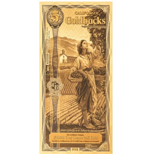 California 5 Goldbacks Goldnote 1/200 oz 2026 Alpha