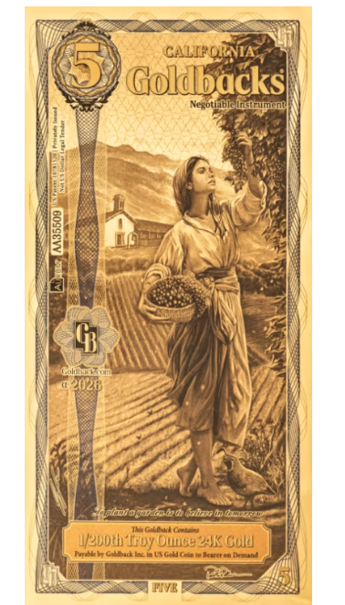 5 California Goldback ALPHA Gold Note 1/200 oz Gold