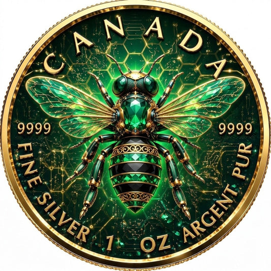 The Emerald Bee 2026 1 oz Silver Maple Leaf vergoldet farbig