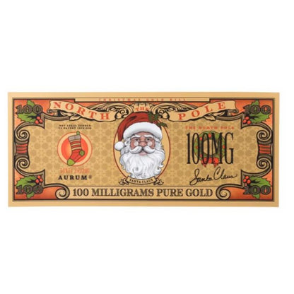 Aurum Santa Claus 2025 – 100 mg Goldbanknote mit festlichem Weihnachtsmotiv, Mikrodruck und Sicherheitsmerkmalen.