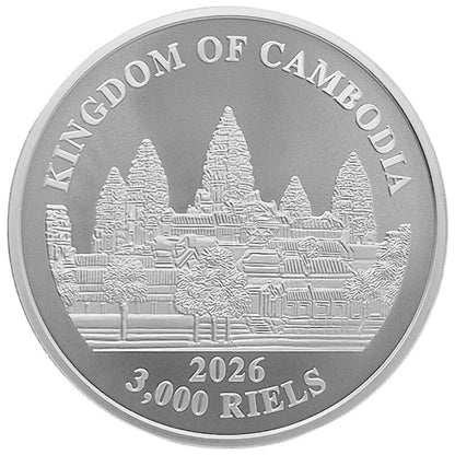 Silbermünze The Lost Tiger of Cambodia 2026 zeigt einen Tiger in seiner natürlichen Umgebung, geprägt aus 1 oz Feinsilber mit dem Angkor-Wat-Tempel auf der Rückseite.