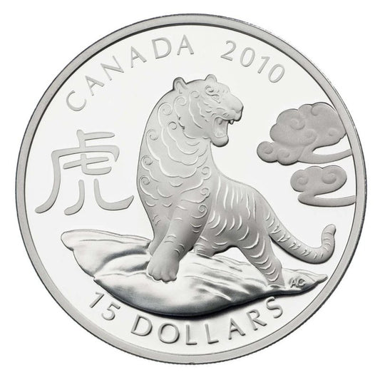 Silbermünze 15 Dollar 2010 – Kanada Year of the Tiger, coloriert, Proof, in Etui mit Zertifikat

