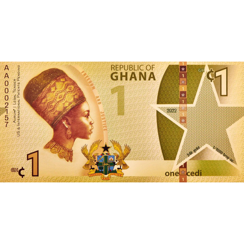 Ghana 1 Cedi Aurum – Goldbanknote aus 1/1000 oz Gold mit Stern, Wappen und Cedi-Muschel.