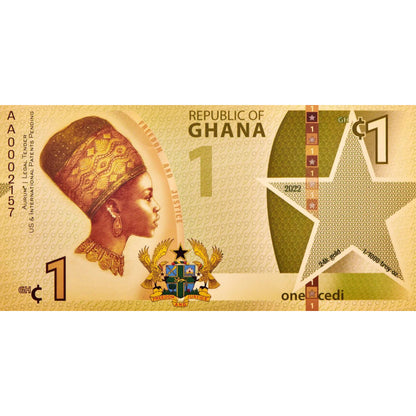 Ghana 1 Cedi Aurum – Goldbanknote aus 1/1000 oz Gold mit Stern, Wappen und Cedi-Muschel.