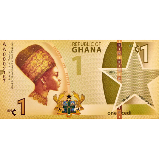 Ghana 1 Cedi Aurum – Goldbanknote aus 1/1000 oz Gold mit Stern, Wappen und Cedi-Muschel.