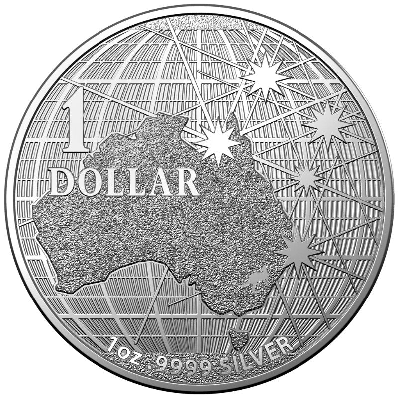 Silbermünze 1 oz Australien 2020 – Beneath the Southern Sky mit Kontinent- und Southern-Cross-Motiv.