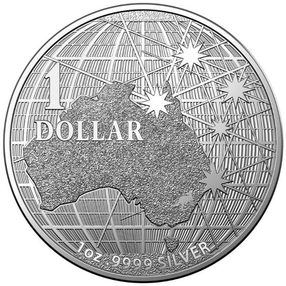 Silbermünze 1 oz Australien 2020 – Beneath the Southern Sky mit Kontinent- und Southern-Cross-Motiv.
