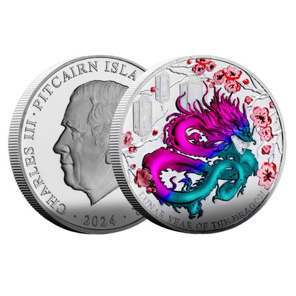 1 oz Silbermünze Pitcairn 2024 „Year of the Dragon“ mit Chameleon-Farbeffekt – Proof

