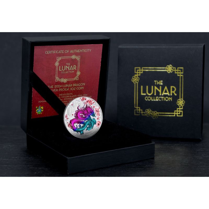 1 oz Silbermünze Pitcairn 2024 „Year of the Dragon“ mit Chameleon-Farbeffekt – Proof

