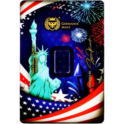 1 g Goldbarren Germania Mint – 4th July Edition mit Safepack-Verpackung