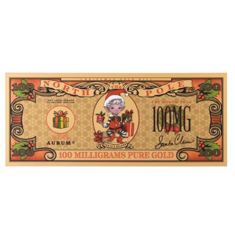 Aurum Santa’s Helper 2025 – 100 mg Goldbanknote mit festlichem Weihnachtsmotiv und feinem Mikrodruck.
