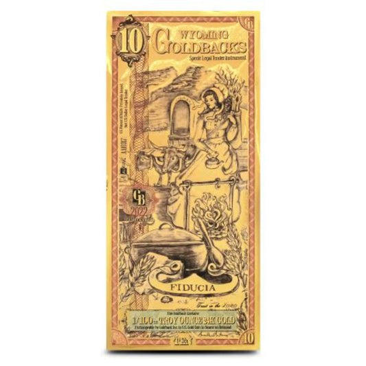 10 Wyoming Goldback Goldnote 1/100 oz Feingold
Wyoming Goldback 10 Goldnote Vorderseite Pioniermotiv
USA Goldback Wyoming 10 Polymer Goldfolie
Wyoming Goldback Goldnote Detailansicht
10 Goldback Wyoming Goldbanknote Schutzhülle