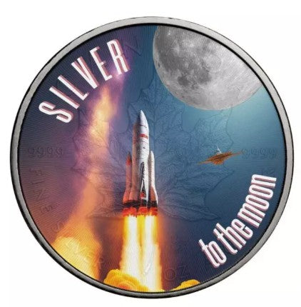 Alt-Text: Maple Leaf Silver to the Moon 2019 1 Unze Silbermünze coloriert