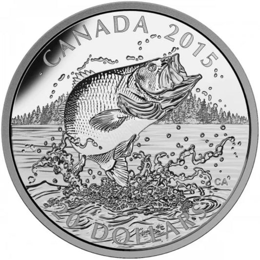 Silbermünze 20 Dollar 2015 – Kanada Largemouth Bass, 1 oz, Proof, in Etui mit Zertifikat

