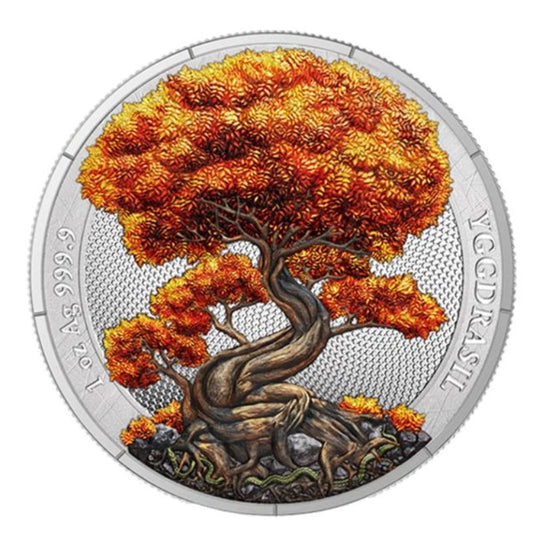 Yggdrasil Herbst 2025 – 1 oz Silbermünze mit herbstlicher Metallic-Veredelung in Kapsel und Box


